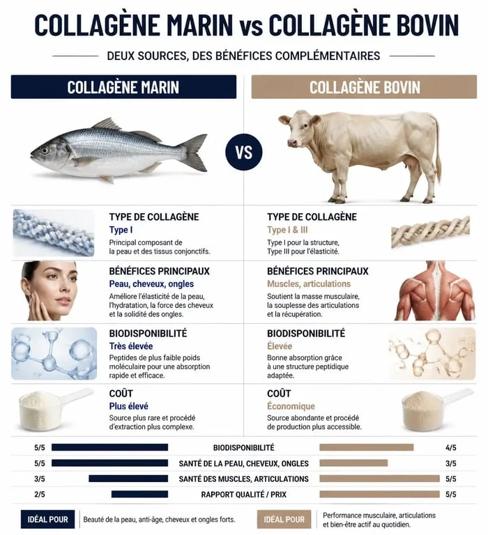 Infographie comparative des différences entre collagène marin et collagène bovin pour la santé