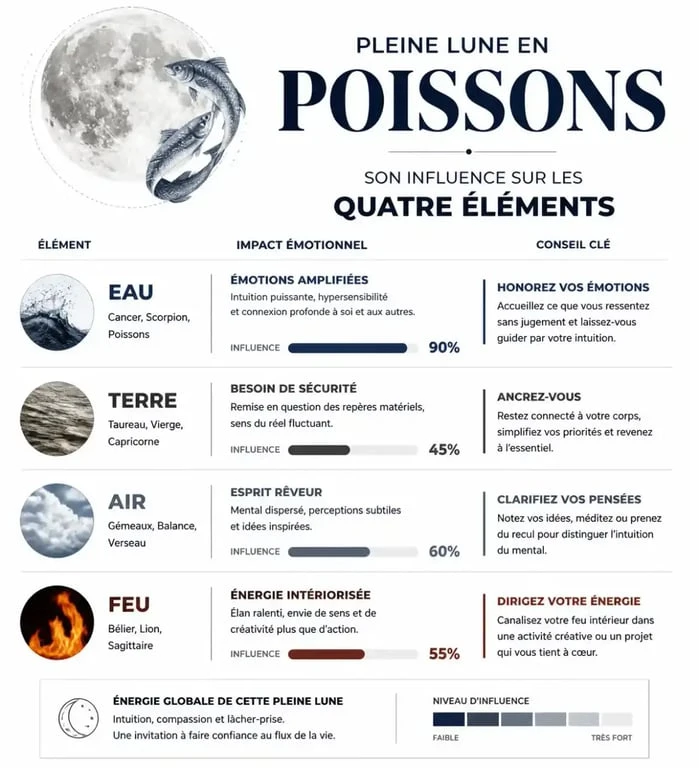 Infographie sur l'influence de la pleine lune en Poissons selon les éléments astrologiques