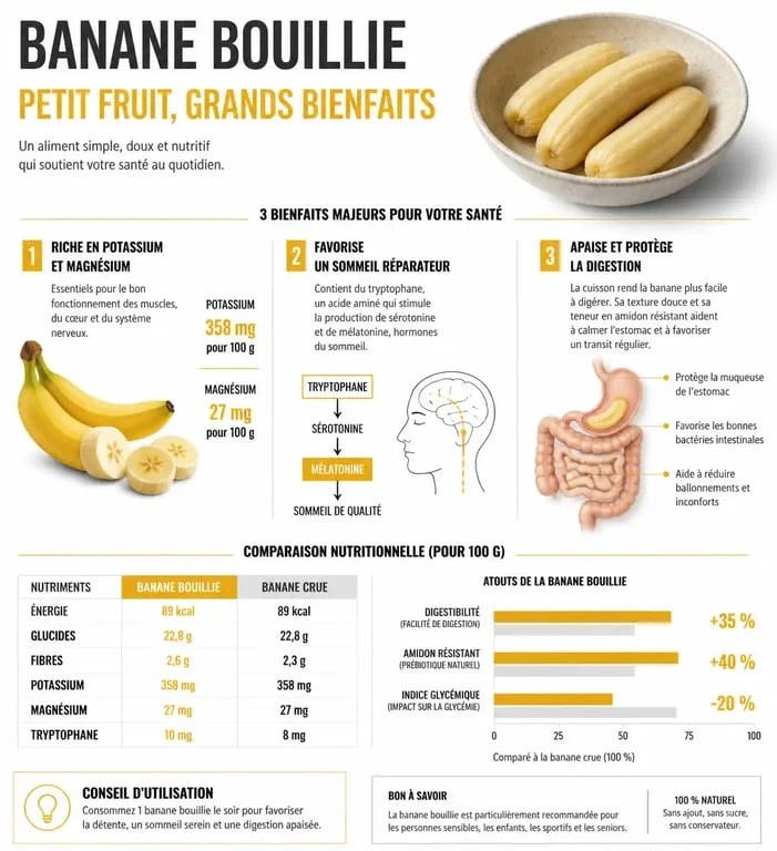 Infographie résumant les bienfaits santé de la banane bouillie : digestion, sommeil et nutriments