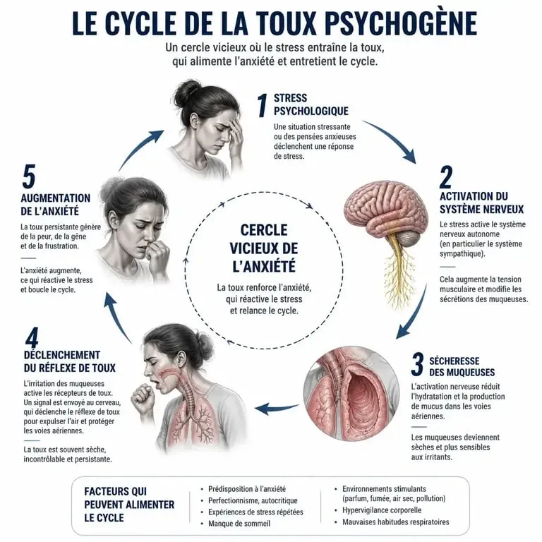 Schéma explicatif du mécanisme de la toux liée au stress et à l'anxiété