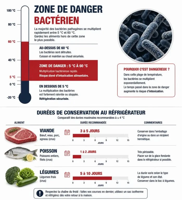Infographie sur la durée de conservation des produits décongelés au réfrigérateur et les risques de prolifération bactérienne
