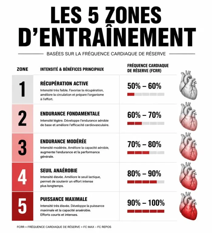 Infographie des zones d'entraînement basées sur la fréquence cardiaque de réserve et la méthode Karvonen