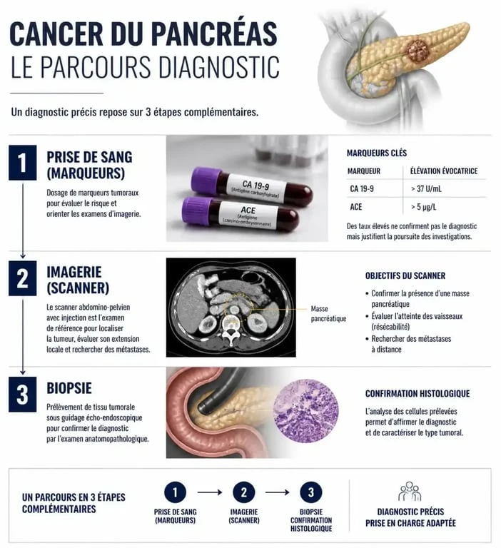Parcours diagnostic du cancer du pancréas incluant la prise de sang et les examens complémentaires