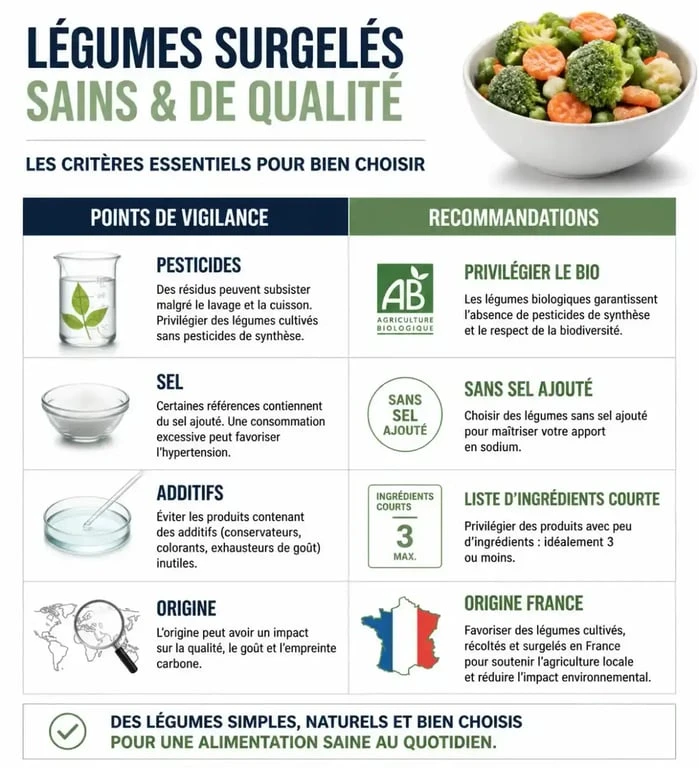 Infographie des critères pour choisir des légumes surgelés sains sans pesticides ni additifs
