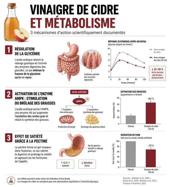 Infographie sur les mécanismes d'action du vinaigre de cidre pour perdre du poids et réguler la glycémie