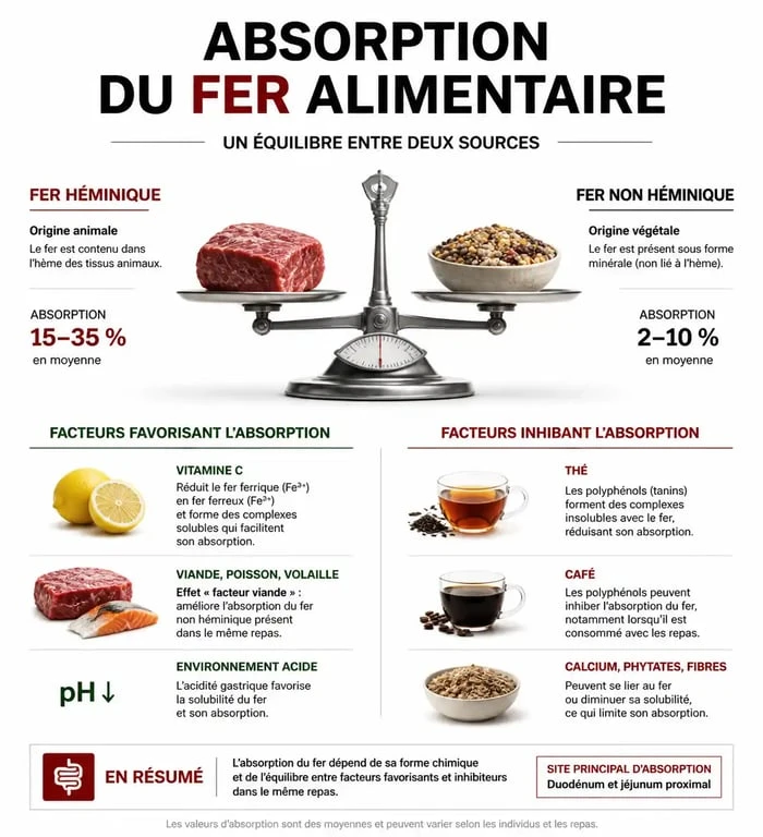 Infographie sur les aliments riches en fer et les facteurs d'absorption pour lutter contre le manque de fer