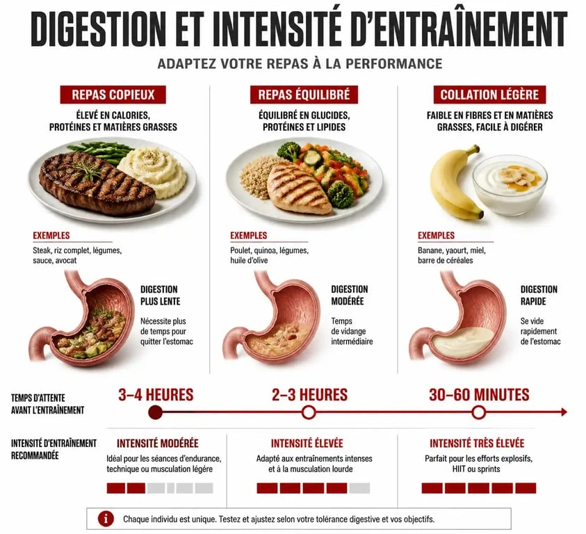 Infographie des délais recommandés entre le repas et la musculation pour optimiser la digestion et la performance
