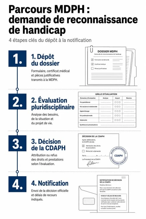 Infographie des étapes du parcours MDPH pour une demande liée à la fibromyalgie