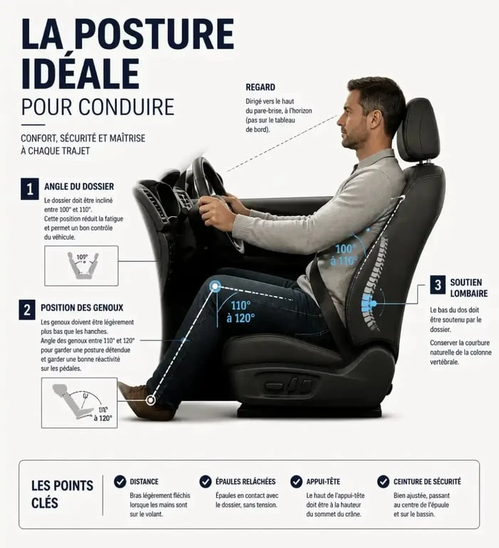 Schéma de la posture idéale pour éviter le mal de dos en voiture