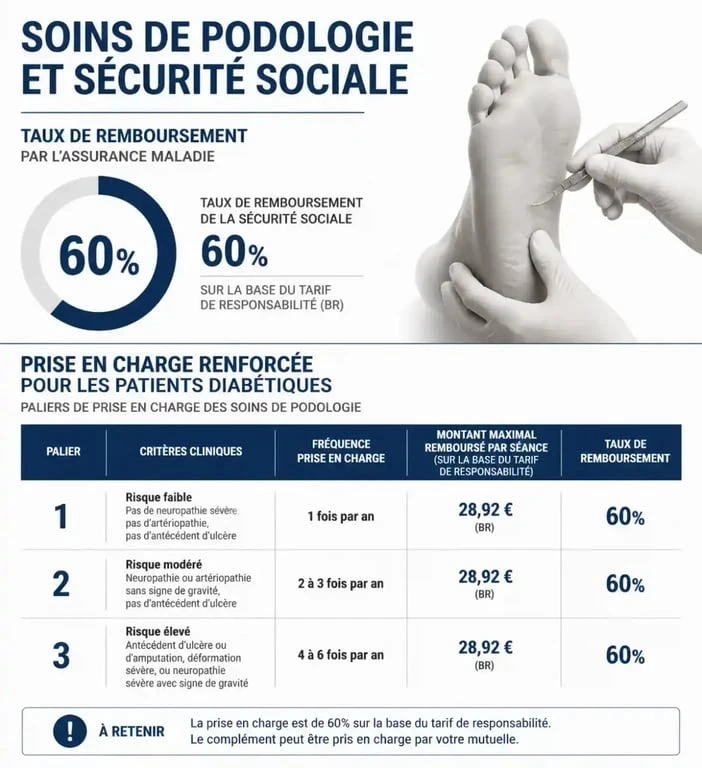 Infographie des taux de remboursement de la Sécurité sociale pour les soins de podologue et semelles orthopédiques