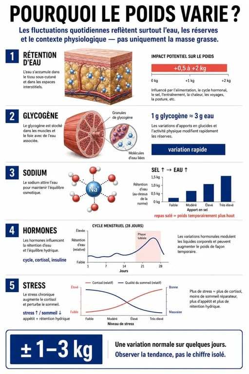 Infographie expliquant pourquoi le poids varie quotidiennement : facteurs physiologiques et hormonaux.
