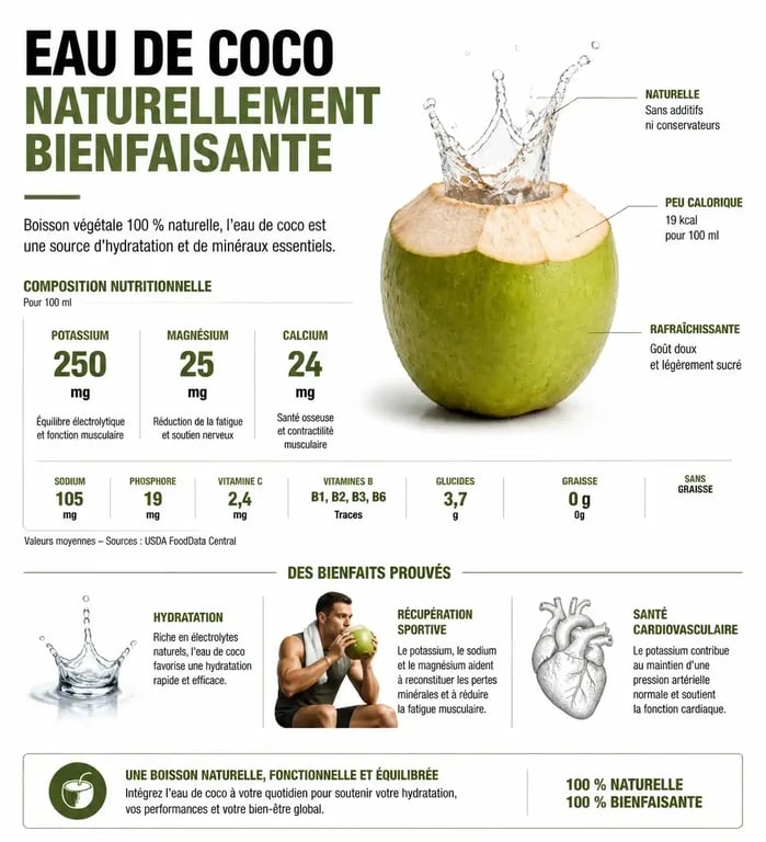 Infographie des bienfaits de l'eau de coco et de sa composition nutritionnelle
