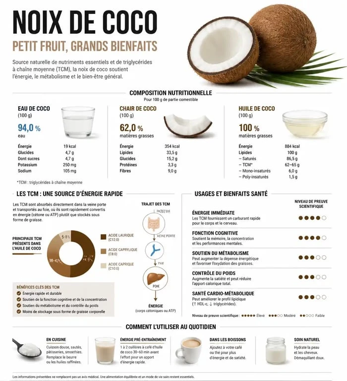 Infographie des bienfaits nutritionnels et santé de la noix de coco