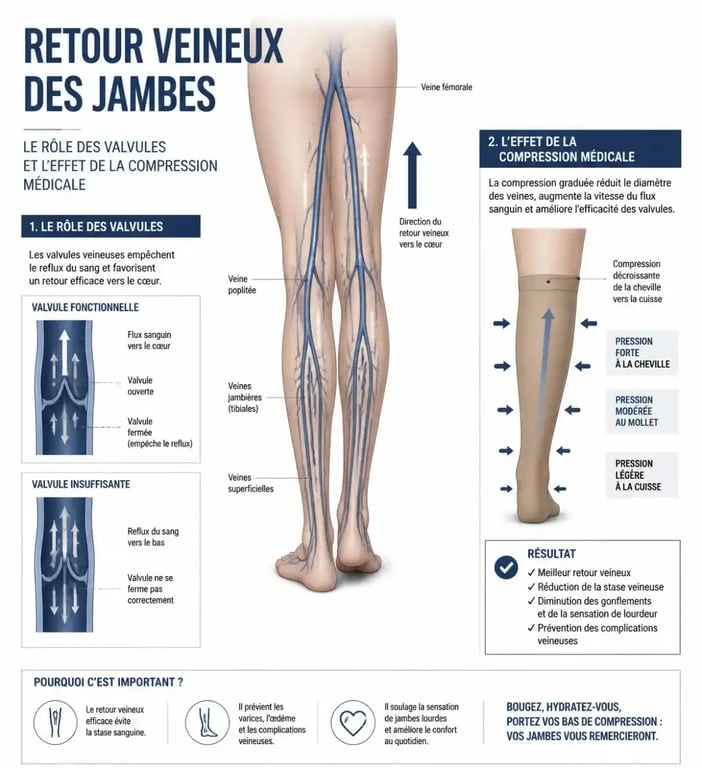 Schéma explicatif du retour veineux et de l'effet de la compression pour soulager les chevilles enflées chez les personnes âgées