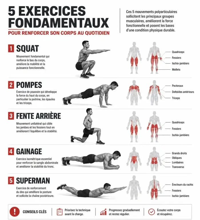 Infographie des exercices de base pour une séance de renforcement musculaire efficace