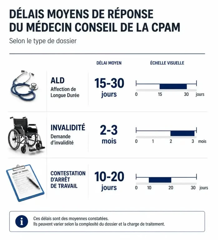 Délais de réponse du médecin conseil de la CPAM par type de demande