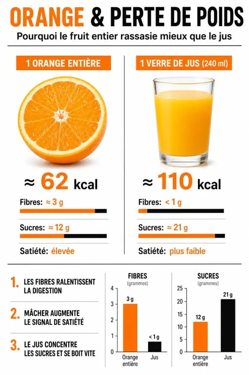 Infographie comparative des bienfaits de l'orange entière pour maigrir par rapport au jus d'orange