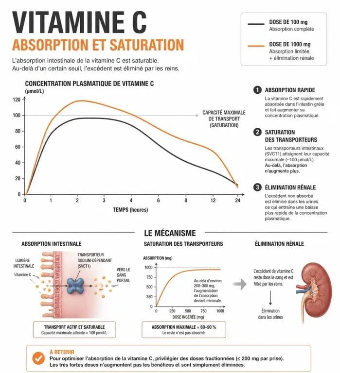 Infographie sur l'absorption de 1g de vitamine C par jour et ses effets sur l'organisme