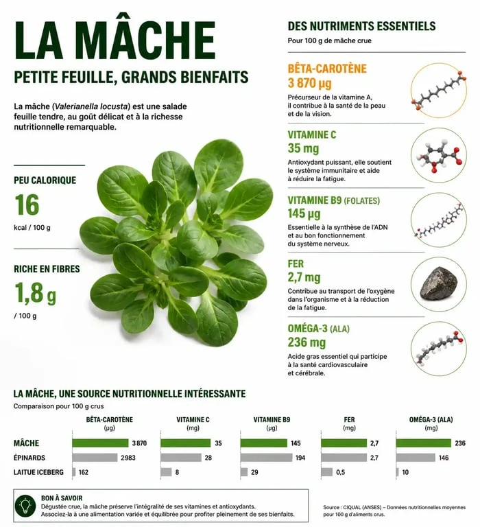 Infographie des bienfaits nutritionnels et vitamines de la mâche pour la santé