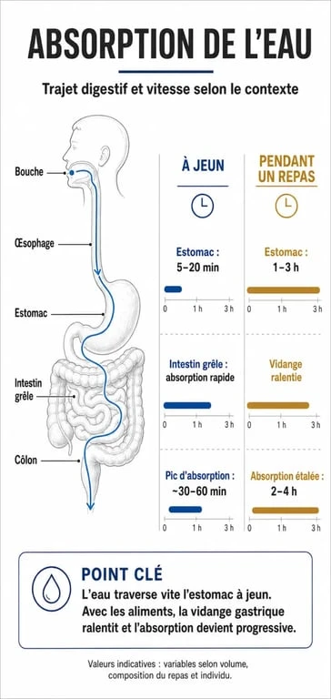 Schéma explicatif du temps de digestion et d'absorption de l'eau dans le corps humain