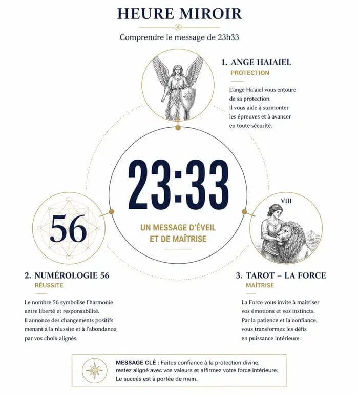 Infographie explicative de la signification spirituelle et numérologique de l'heure miroir 23h33