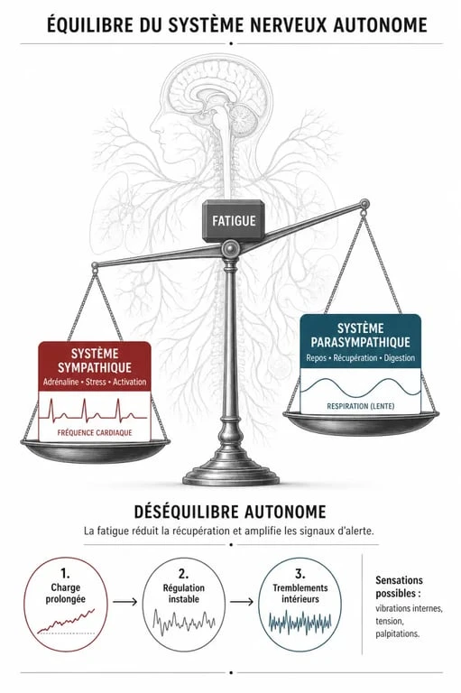 Infographie sur le mécanisme physiologique des tremblements intérieurs liés à la fatigue et au stress