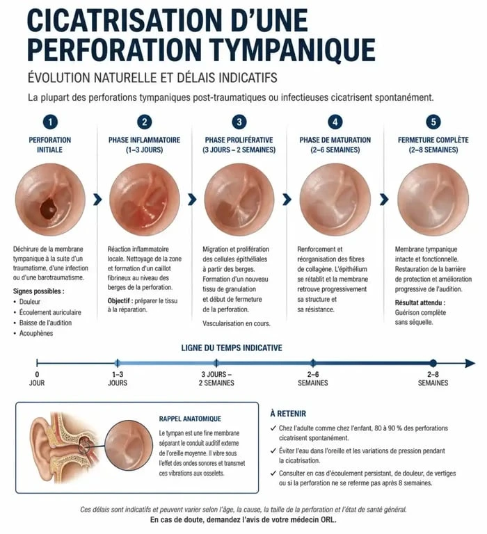 Infographie sur la récupération de l'audition après un tympan percé et les étapes de la cicatrisation