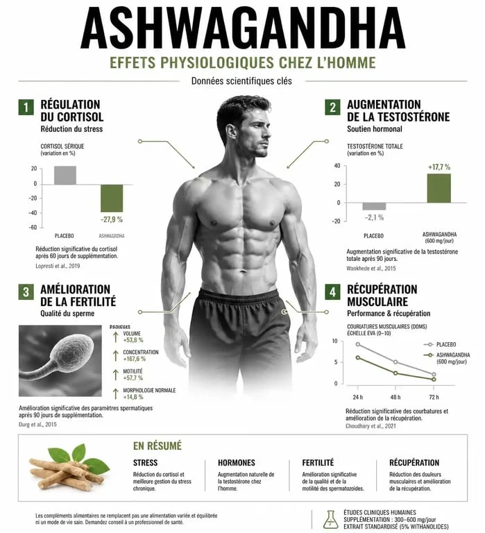 Infographie des bienfaits de l'ashwagandha pour les hommes : testostérone, stress et performance