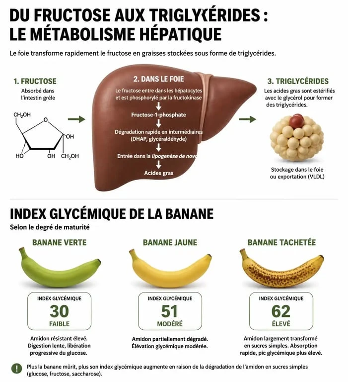 Infographie sur l'impact de la banane et des triglycérides : métabolisme du fructose et index glycémique selon la maturité.