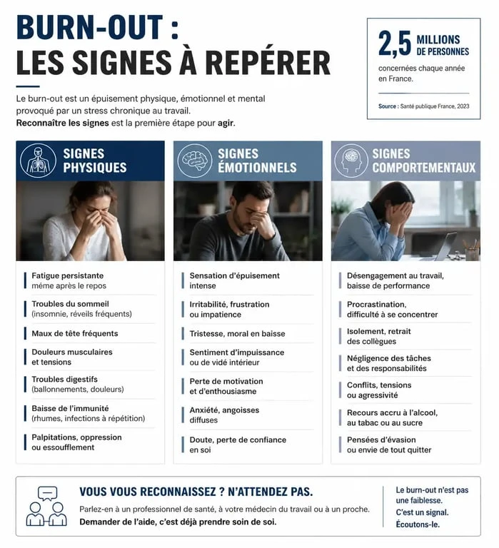 Infographie des signes d'alerte pour aider une personne en burn out