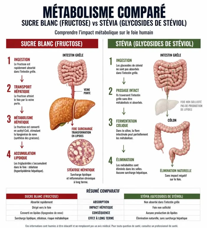 Infographie comparant l'impact métabolique du sucre et de la stévia sur le foie, illustrant pourquoi la stévia ne présente pas de danger pour le foie.