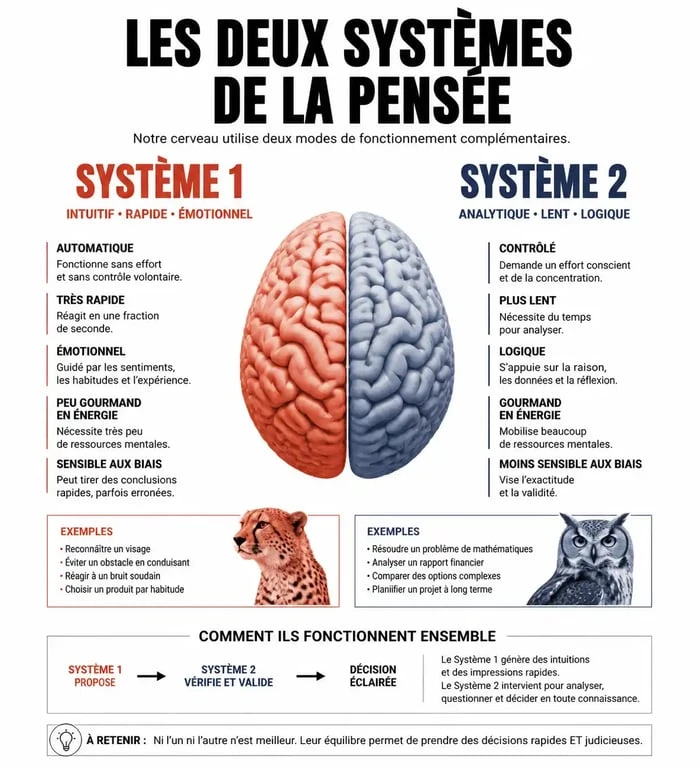 Schéma illustrant la différence entre pensée intuitive et pensée analytique pour le test de réflexion cognitive