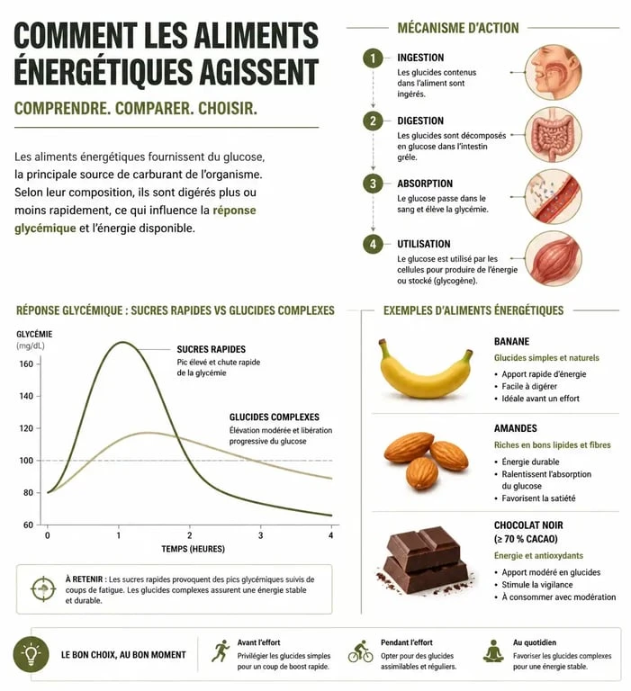 Infographie sur les aliments qui donnent de l'énergie rapidement et leur impact sur la glycémie