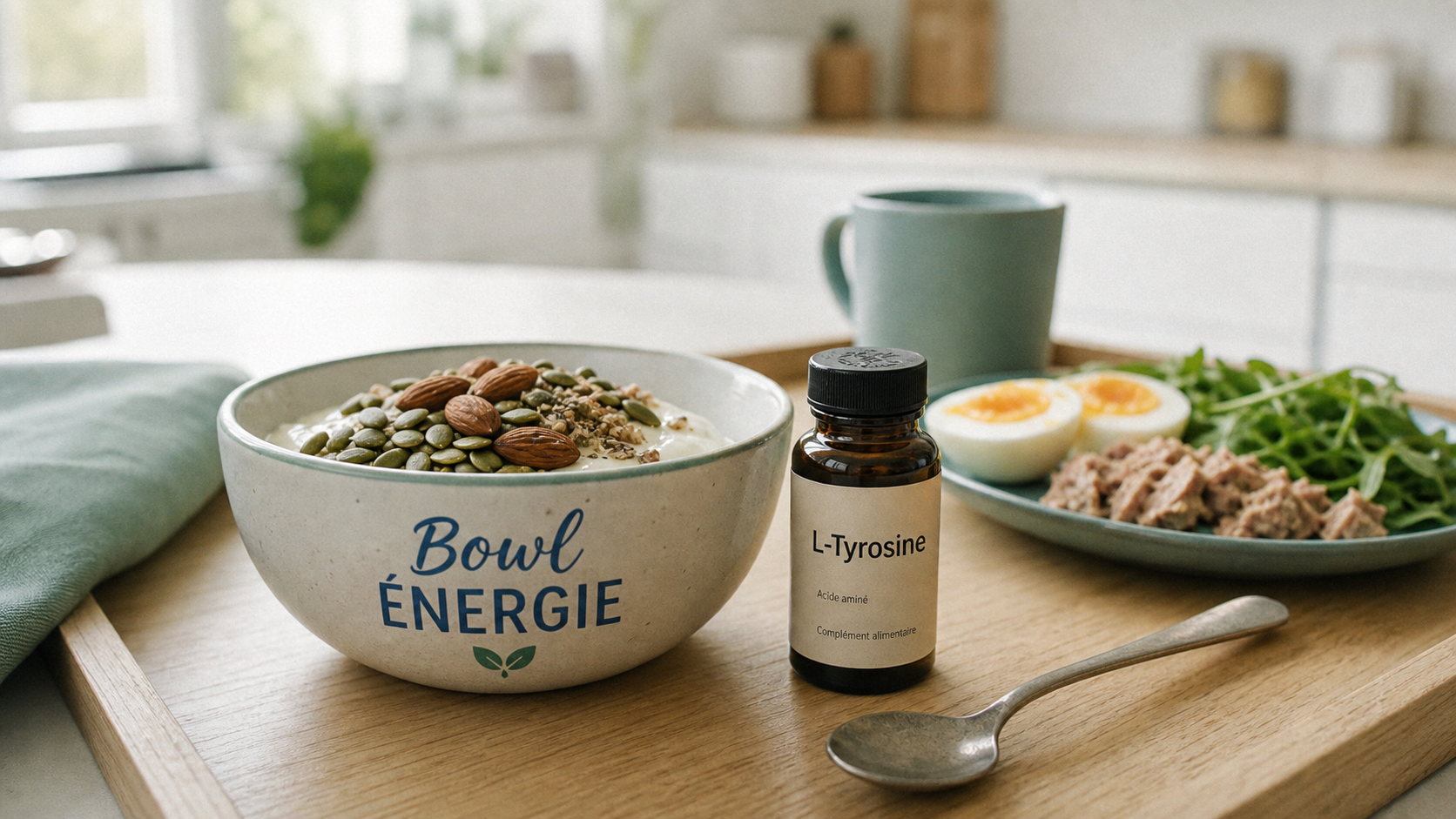 L tyrosine et perte de poids : flacon L-tyrosine et bowl protéines
