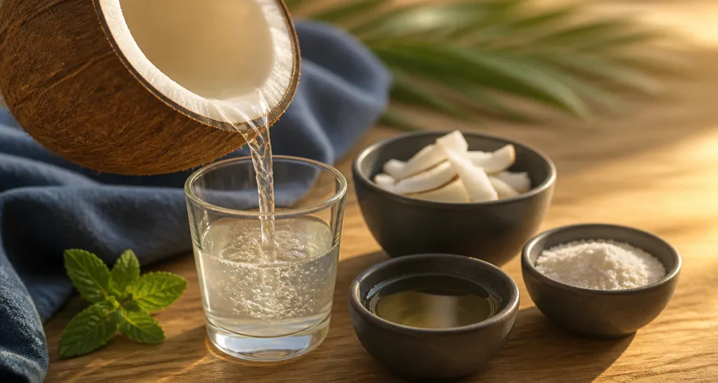 les bienfaits de la noix coco sur une table au soleil