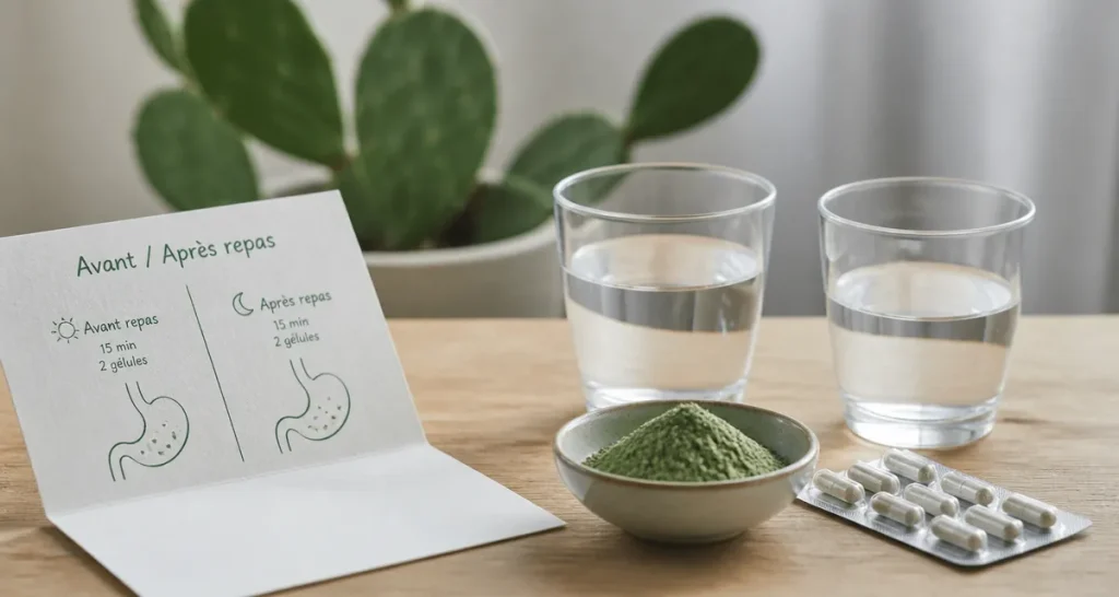 Nopal avant ou apres le repas : poudre et gélules sur table