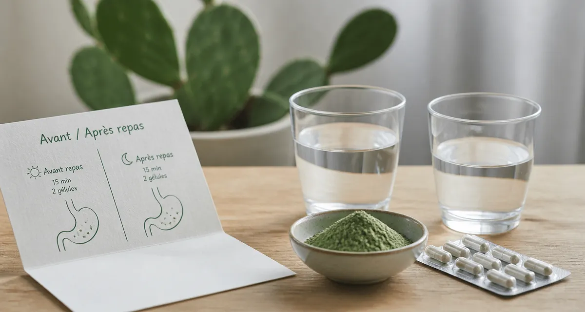 Nopal avant ou apres le repas : poudre et gélules sur table