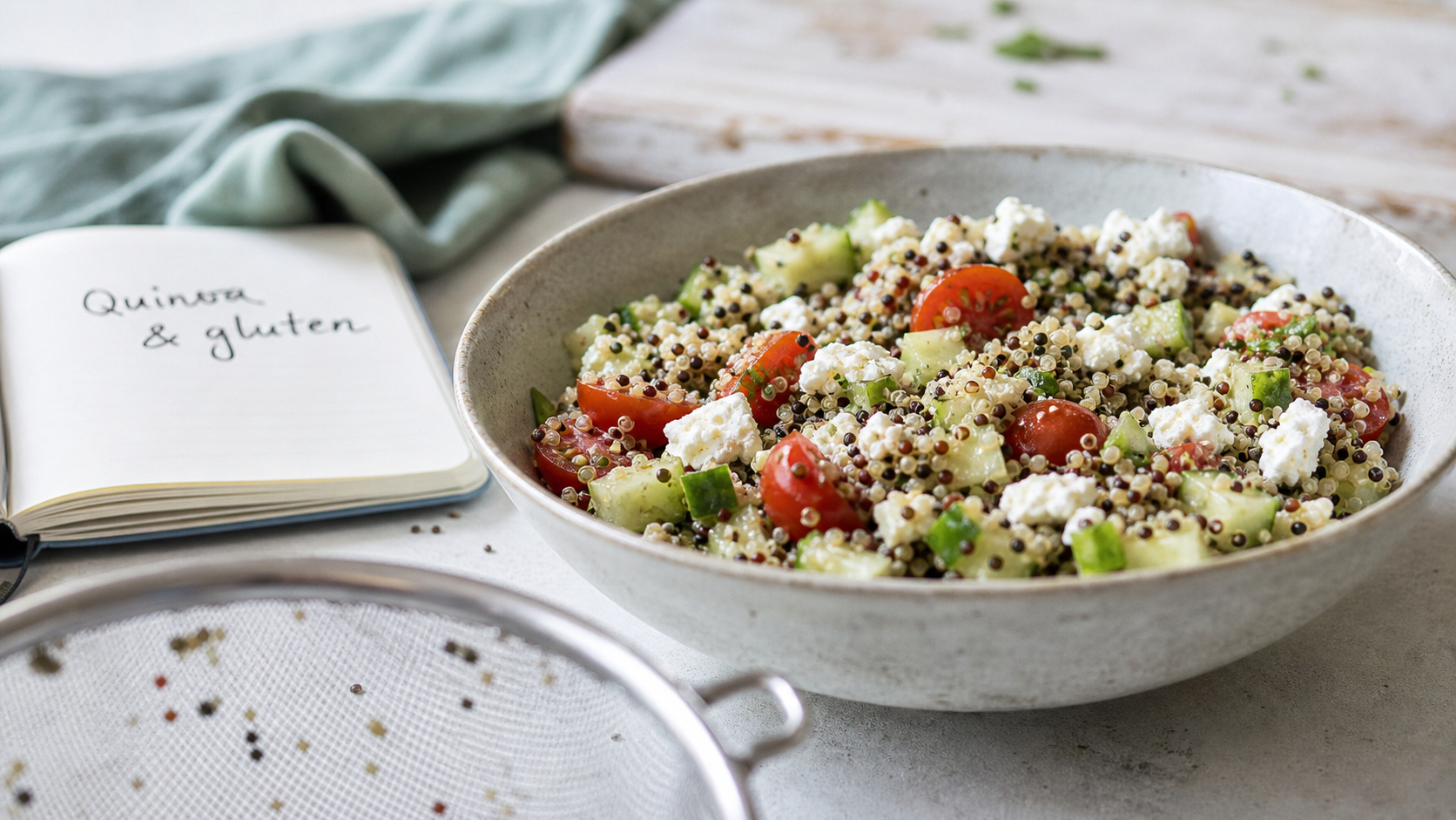 Qu est ce que le quinoa ? saladier de quinoa arc-en-ciel au concombre et feta