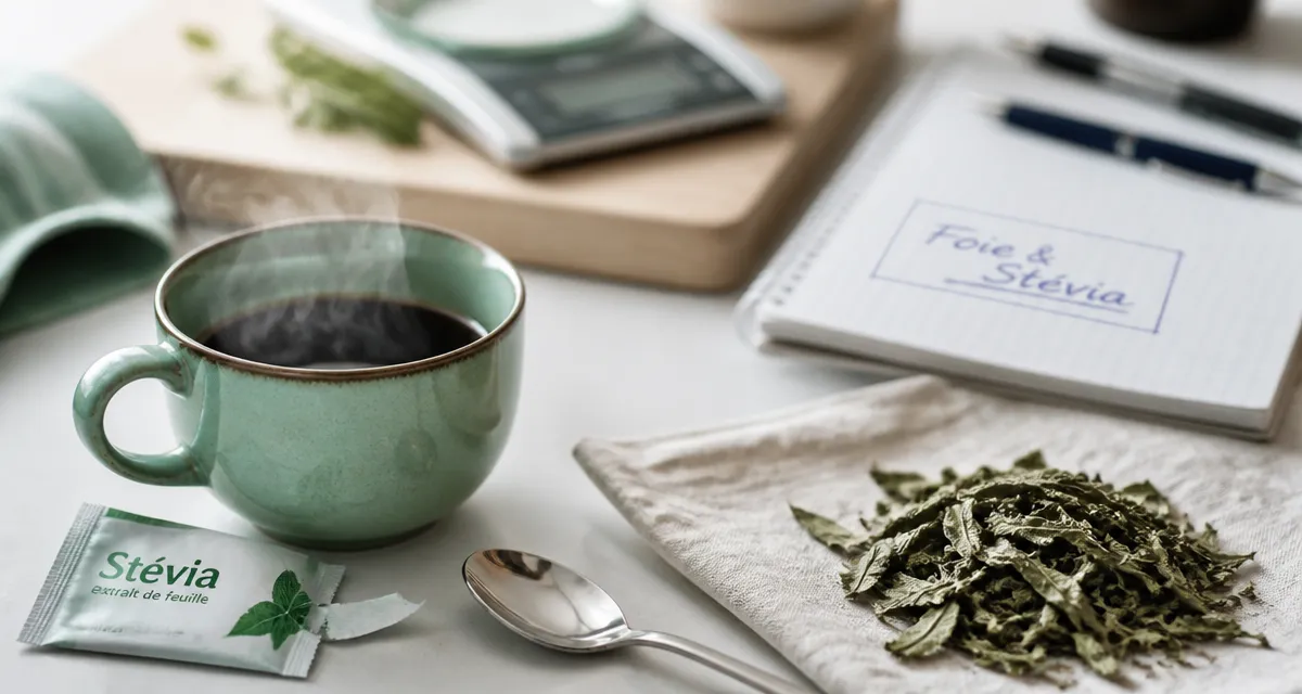 Stevia danger pour le foie : tasse, sachet et feuilles de stevia