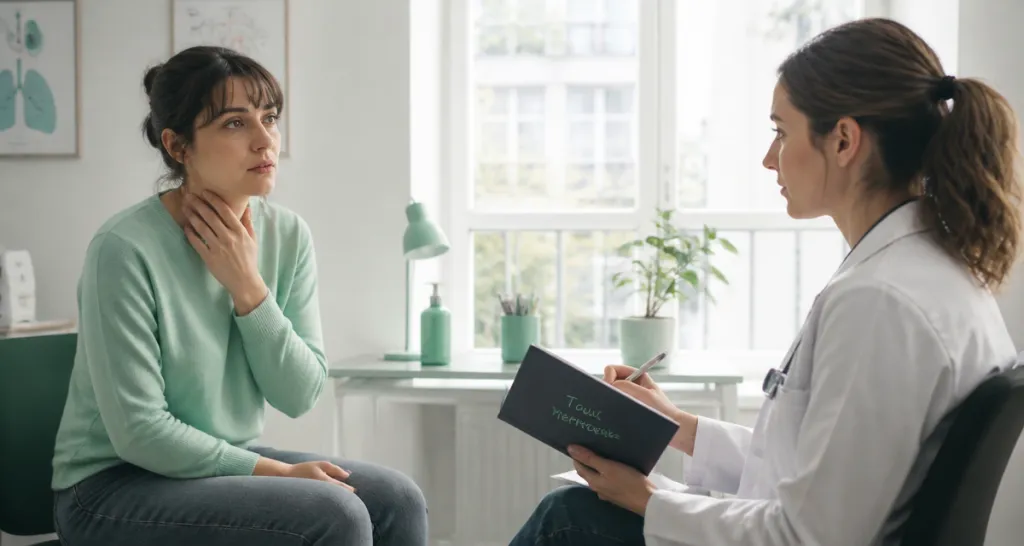 Femme stress et toux chez le médecin