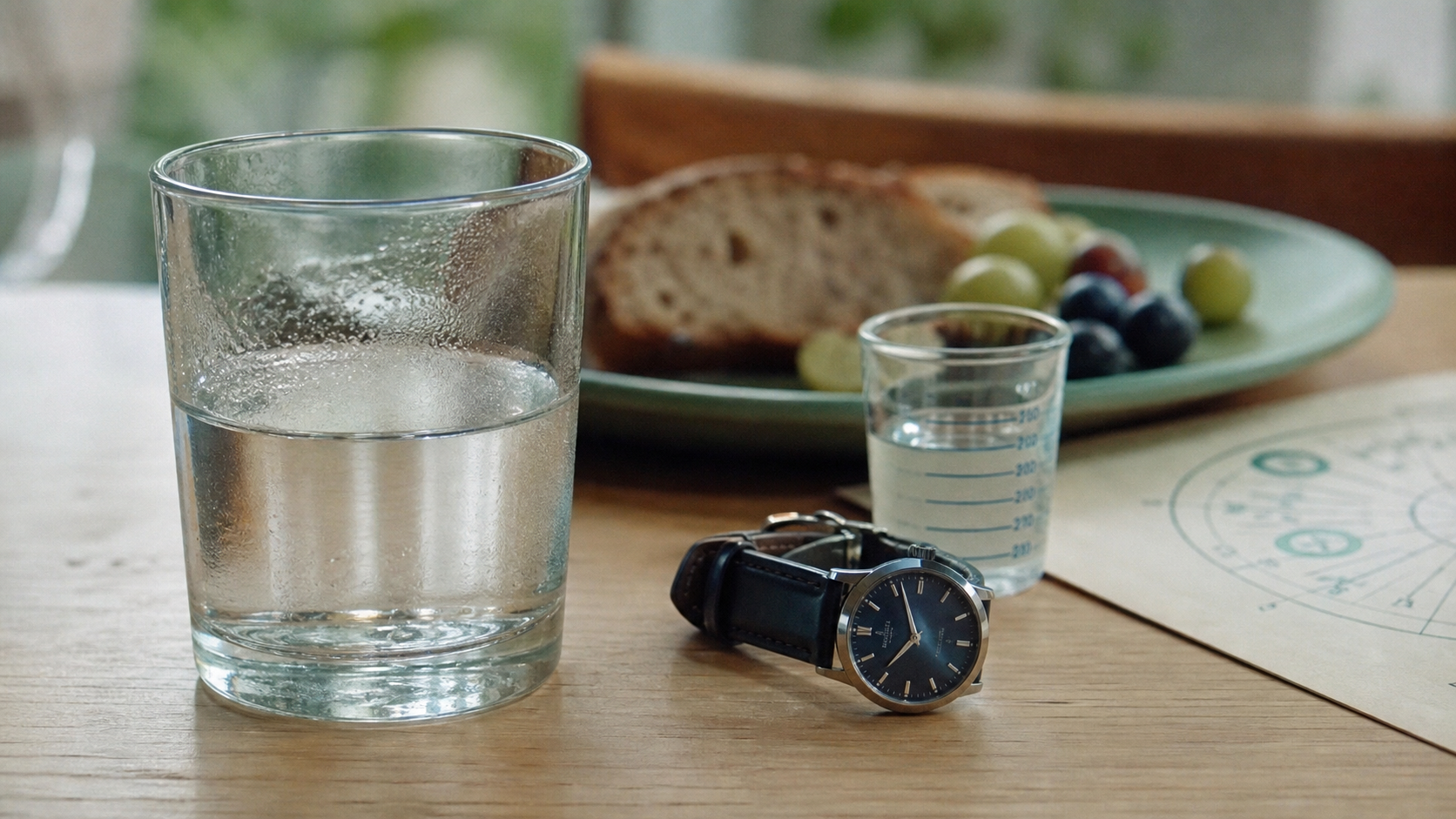 Temps de digestion de l eau : verre d’eau et montre sur table