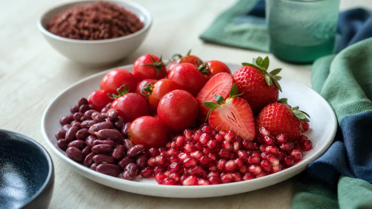 Aliment rouge : tomates cerises, fraises et haricots rouges