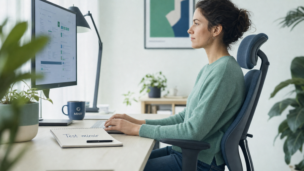 Améliorer sa posture au quotidien : personne assise posture neutre au bureau, écran à hauteur des yeux