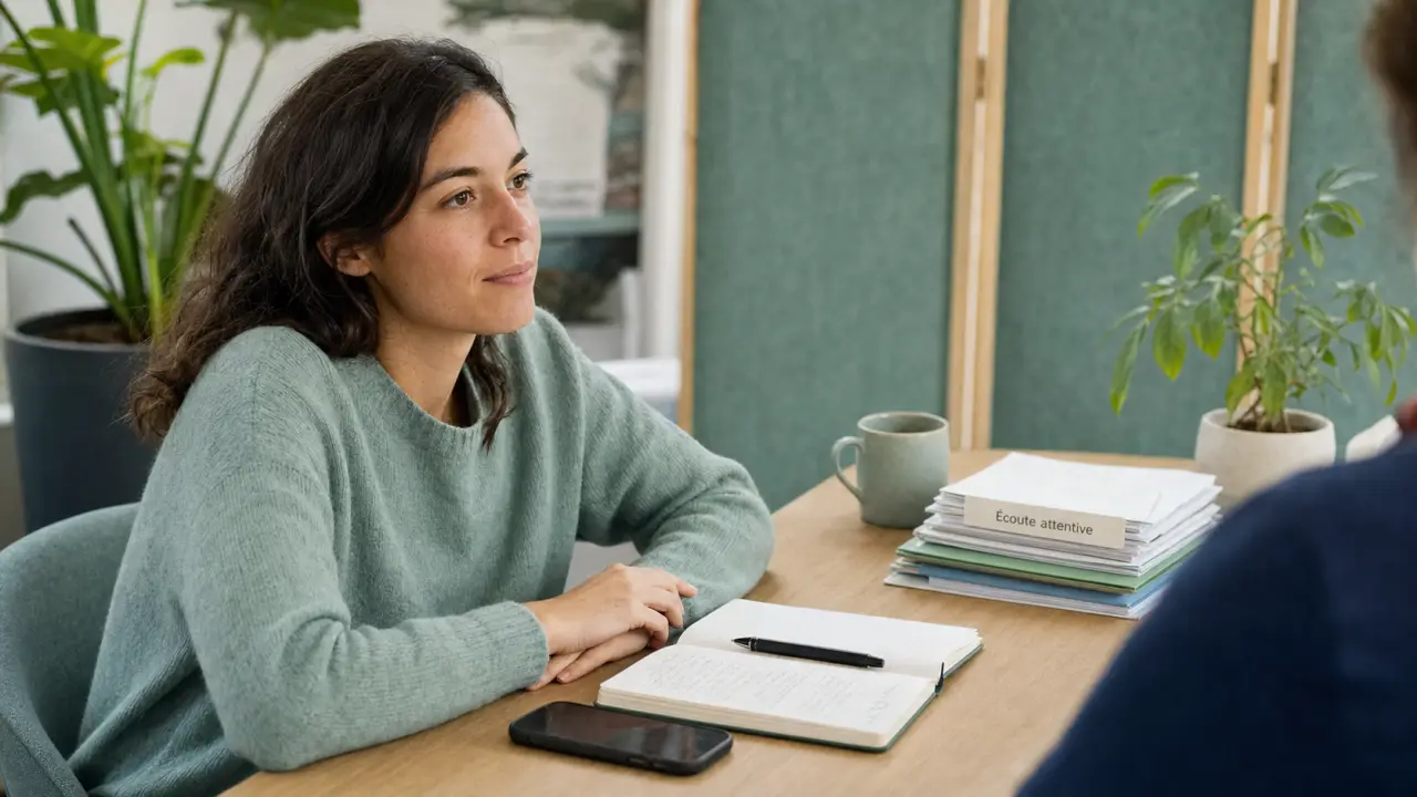 ecoute attentive : personne attentive en dialogue, carnet ouvert au bureau