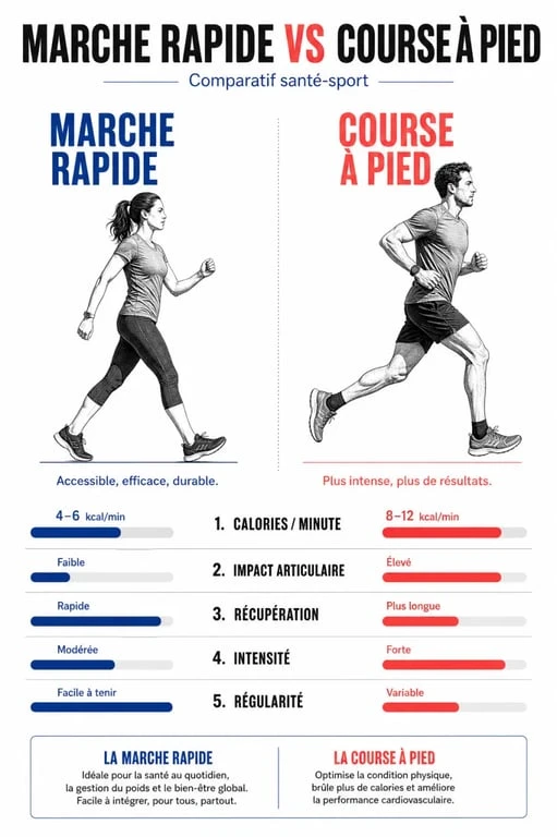 Marche rapide ou course : comparaison visuelle des calories, de l’impact articulaire et de la récupération