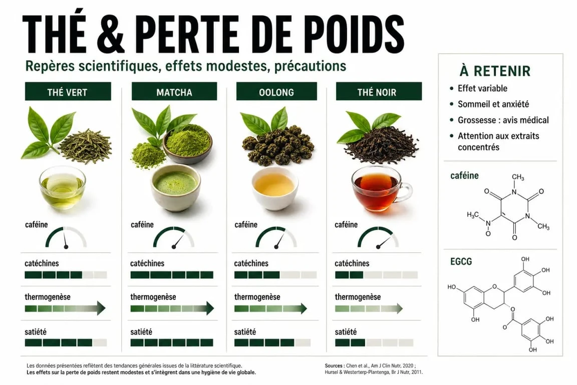 Maigrir thé : infographie sur les types de thé, leurs mécanismes et précautions