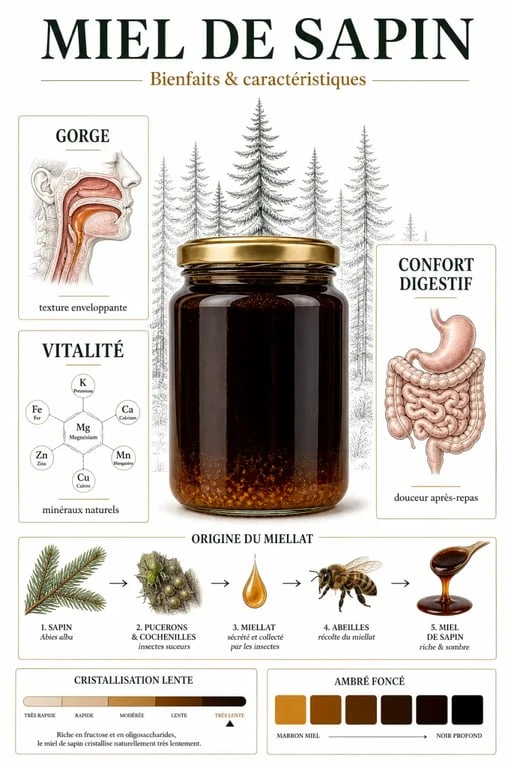 Miel de sapin bienfaits : visuel éditorial sur l’origine, la composition et les usages