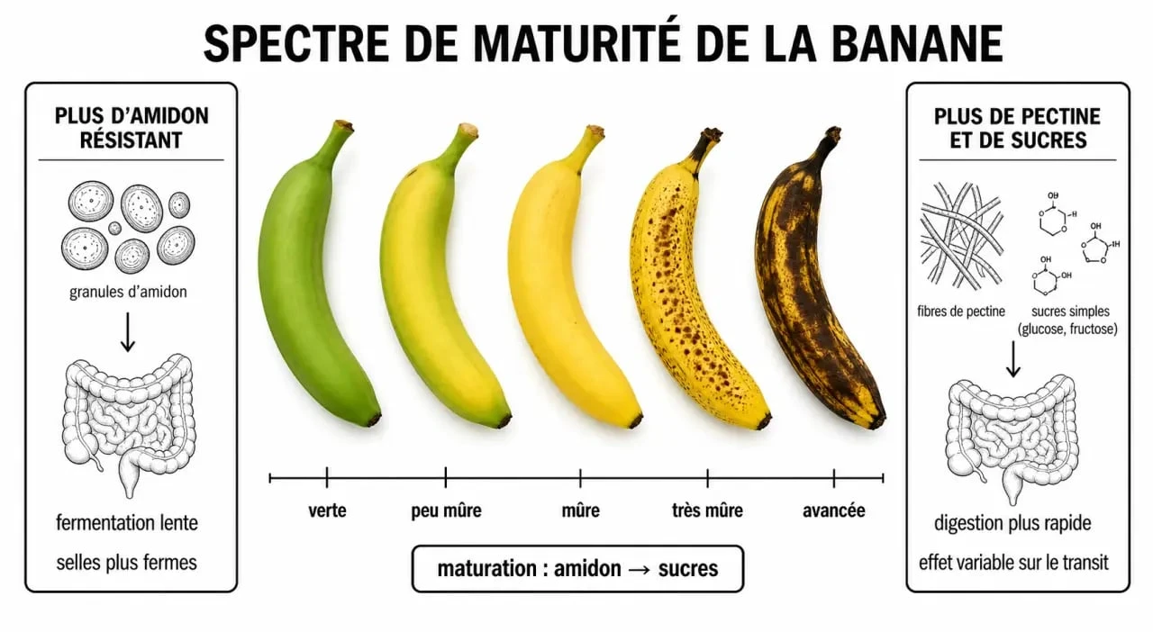 Infographie sur l'effet de la maturité de la banane sur la constipation et le transit intestinal