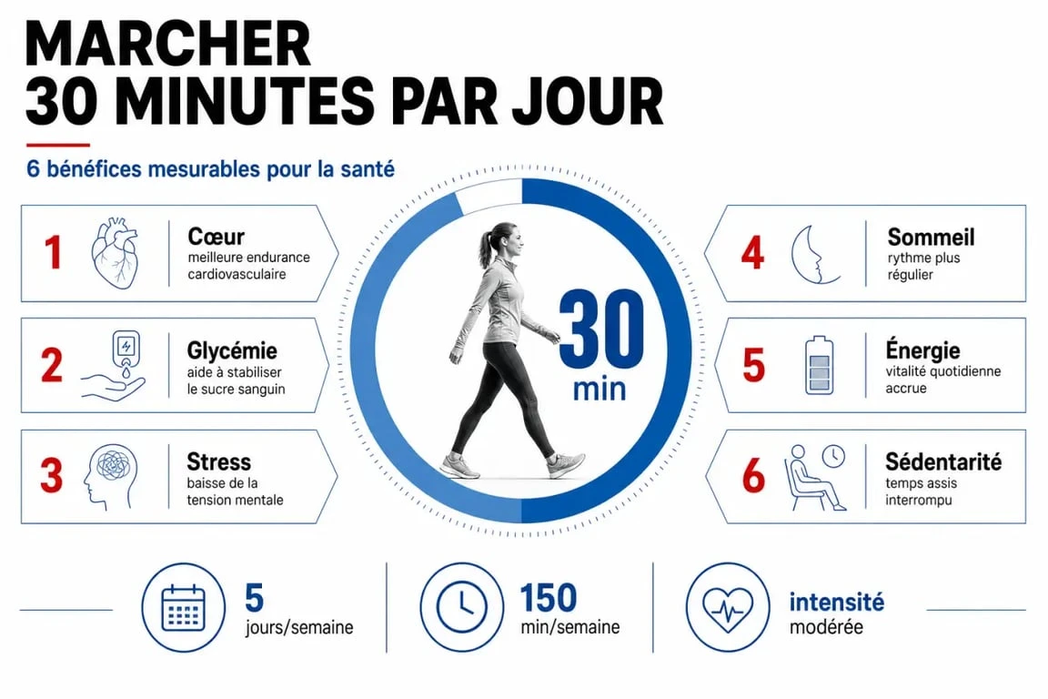 Les bienfaits de marcher 30 minutes par jour en infographie santé