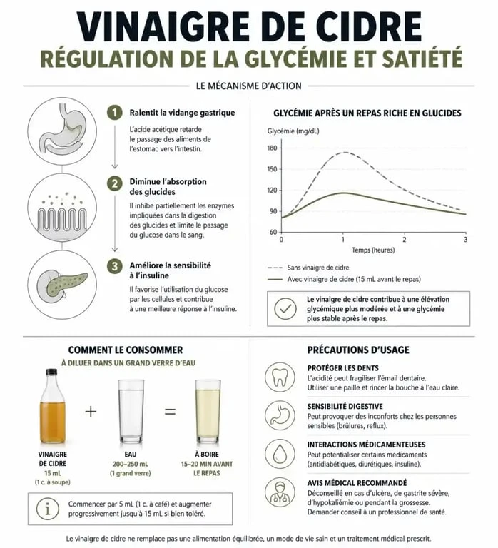 Infographie sur les bienfaits, le mécanisme d'action et les précautions d'utilisation du vinaigre de cidre pour le régime et la perte de poids